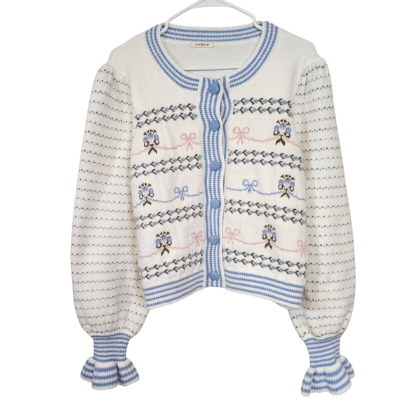 Sunday Up Button Up Cottagecore Floral Soft Girl Bell Sleeve Cardigan Sweater - Picture 2 of 9